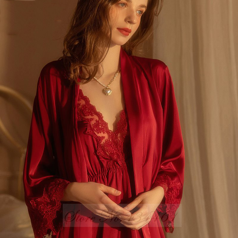 Summer Nights Clothing - Burgundy 2PCS Robe Set Nightgown Sexy