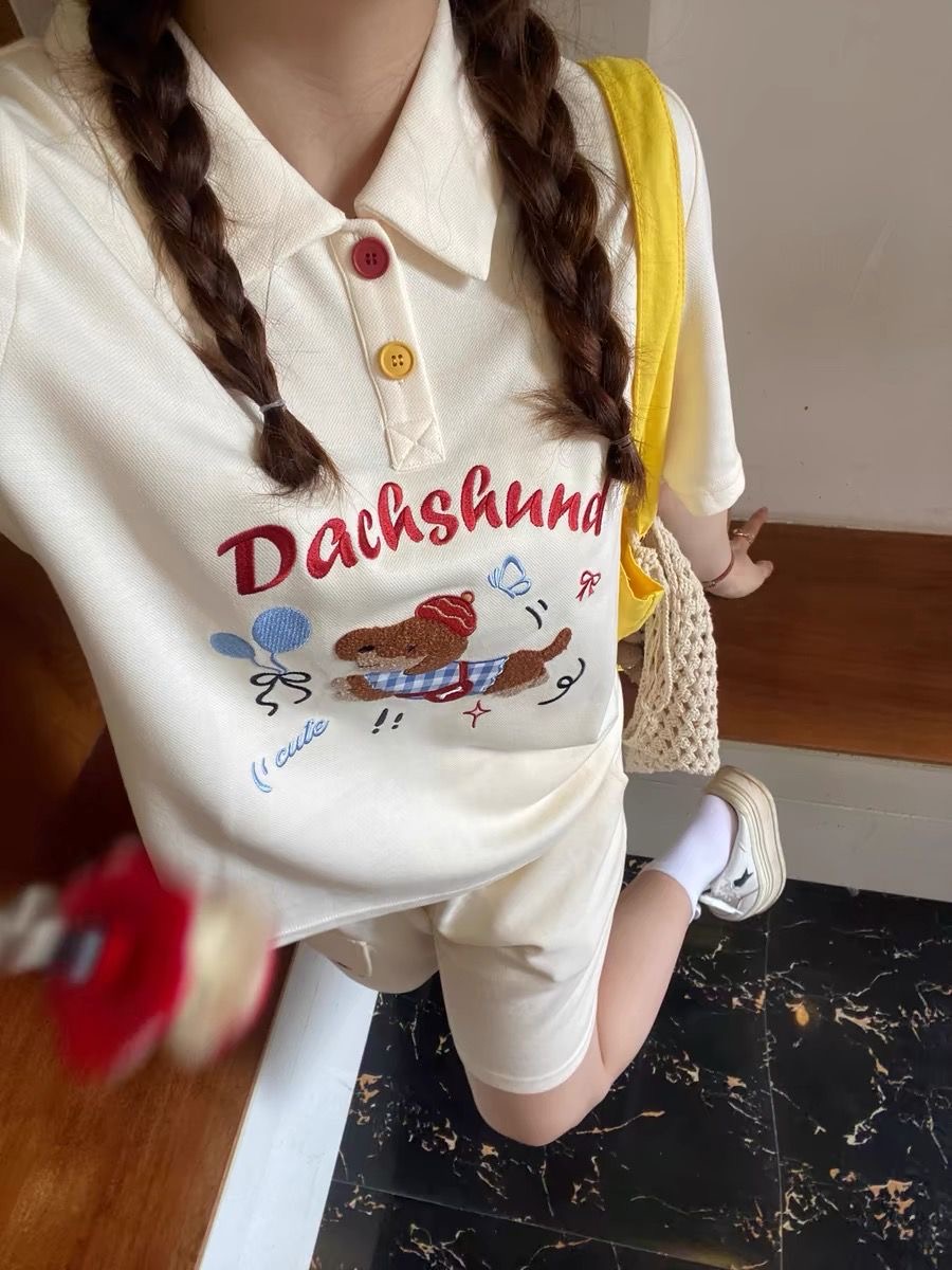 Summer Clothing Y2K - Kawaii Embroidery Dog Japan Style Polo