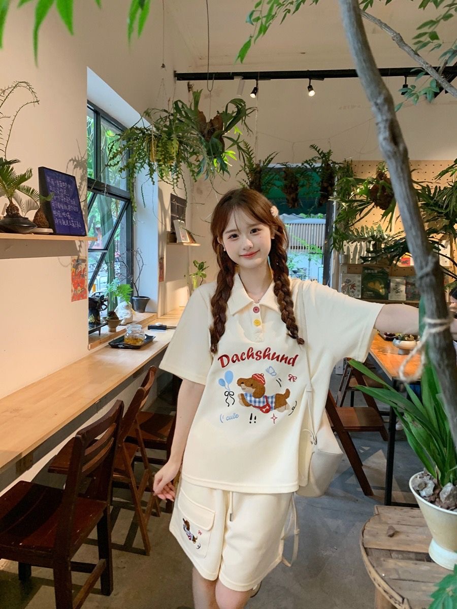 Kawaii Embroidery Dog Japan St - Summer Clothing Y2K review and price